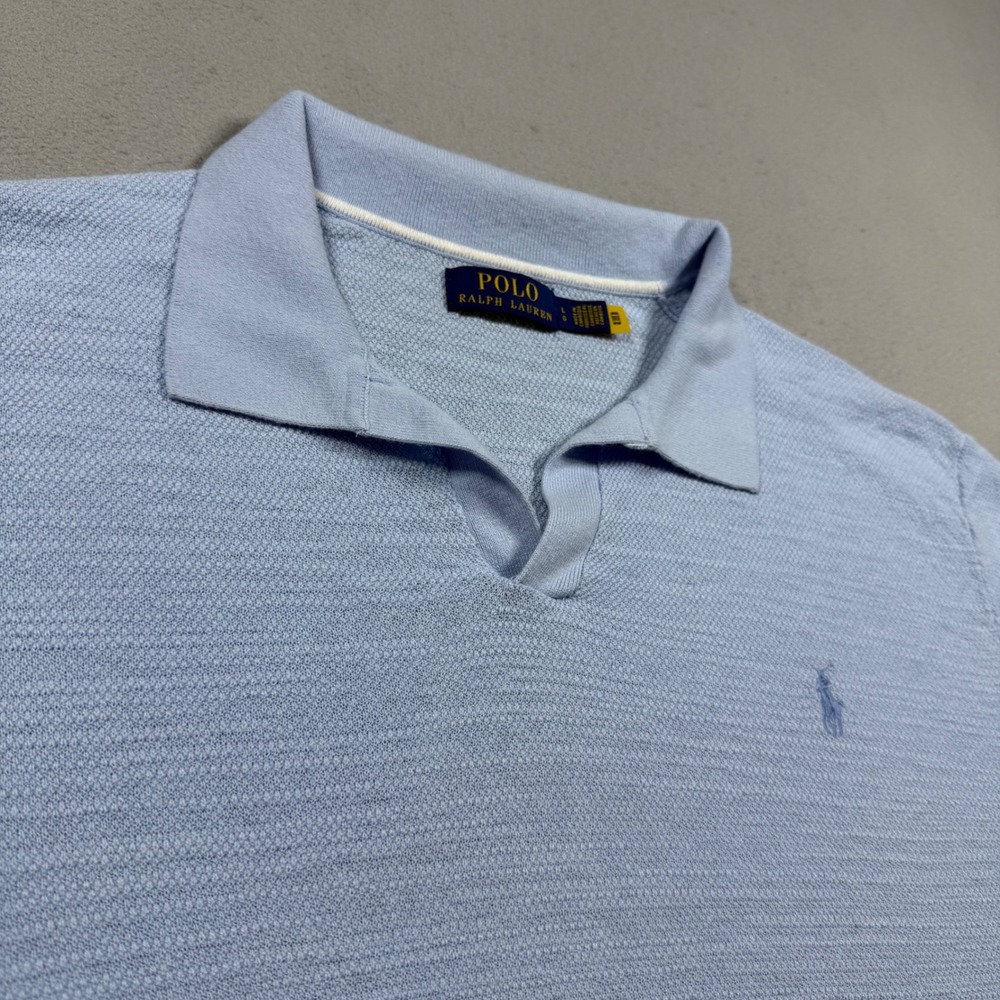 Polo Ralph Lauren Mens Light Blue Cotton Linen Short Sleeve Knit Sweater Polo L